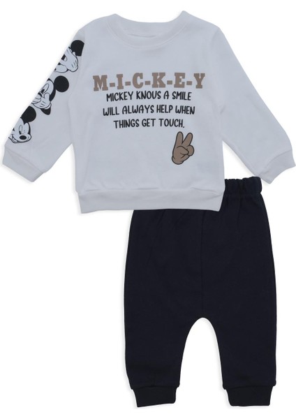 Erkek Bebek Mickey Yazılı Kol Detay 2'Li Alt Üst Eşofman Takım