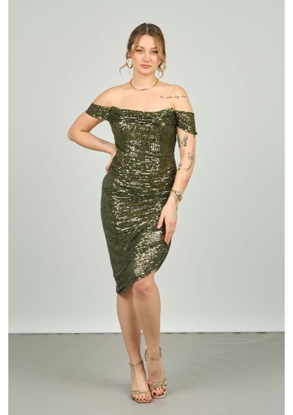 Kadın Düşük Kollu Pul Işlemeli Asimetrik Kesim Abiye Elbise 4123 Haki