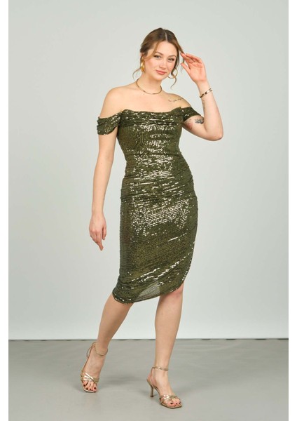 Kadın Düşük Kollu Pul Işlemeli Asimetrik Kesim Abiye Elbise 4123 Haki fiyatları