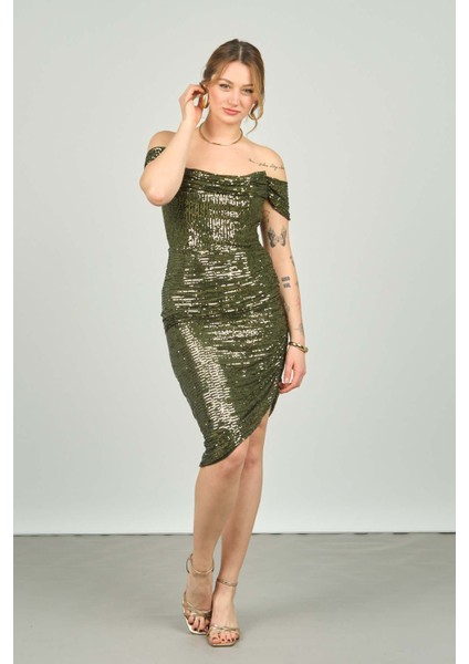 Kadın Düşük Kollu Pul Işlemeli Asimetrik Kesim Abiye Elbise 4123 Haki fırsatları