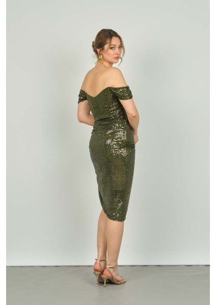 Kadın Düşük Kollu Pul Işlemeli Asimetrik Kesim Abiye Elbise 4123 Haki indirimleri