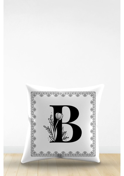 Çift Tarafı Dijital Baskılı B Harfi Dekoratif Suni Deri Kırlent Kılıfı