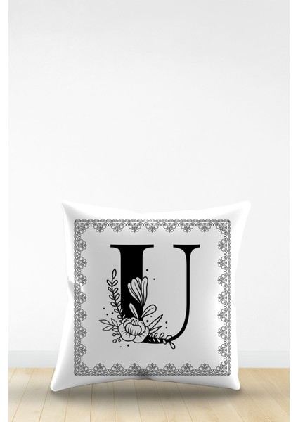 Çift Tarafı Dijital Baskılı U Harfi Dekoratif Suni Deri Kırlent Kılıfı