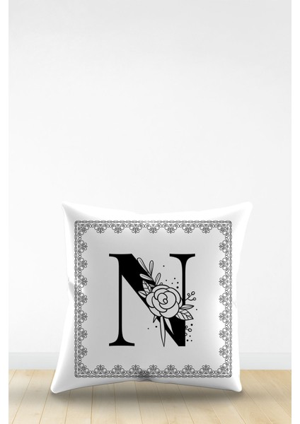 Çift Tarafı Dijital Baskılı N Harfi Dekoratif Suni Deri Kırlent Kılıfı