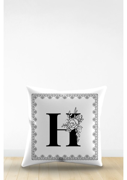 Çift Tarafı Dijital Baskılı H Harfi Dekoratif Suni Deri Kırlent Kılıfı