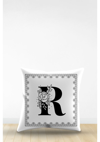 Çift Tarafı Dijital Baskılı R Harfi Dekoratif Suni Deri Kırlent Kılıfı