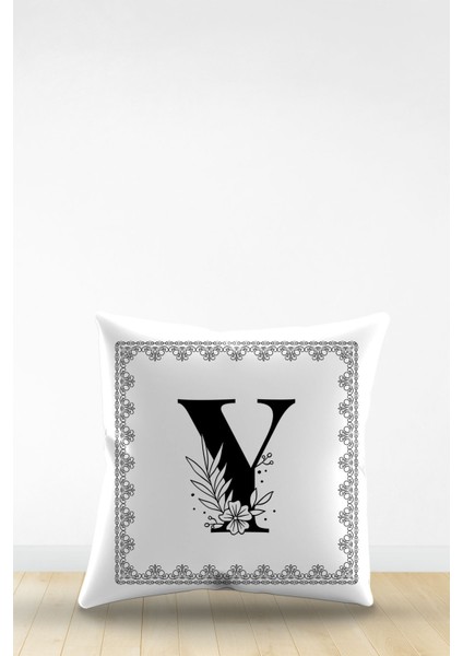 Çift Tarafı Dijital Baskılı Y Harfi Dekoratif Suni Deri Kırlent Kılıfı