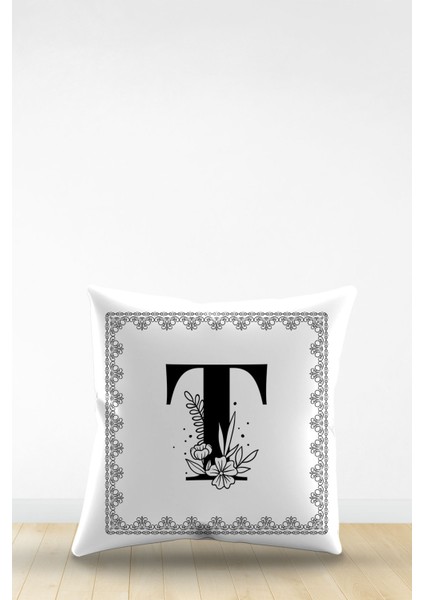 Çift Tarafı Dijital Baskılı T Harfi Dekoratif Suni Deri Kırlent Kılıfı
