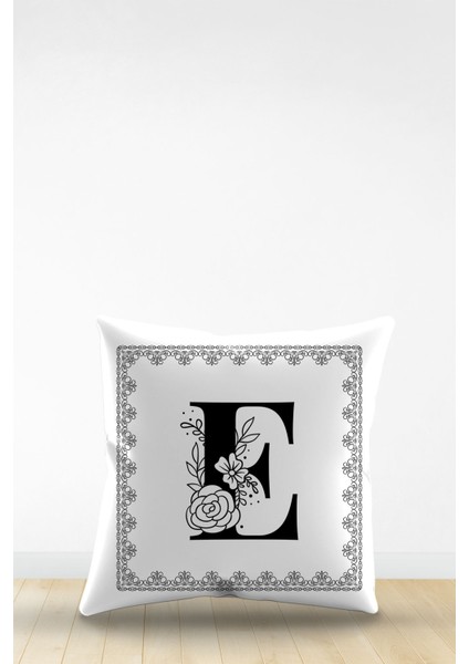 Çift Tarafı Dijital Baskılı E Harfi Dekoratif Suni Deri Kırlent Kılıfı
