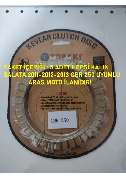 Honda Cbr 250 Debriyaj Balata Seti Oem Kalite Tailand Malı 5 Adet Kalın Balatalı 2011-2013 Arasmoto
