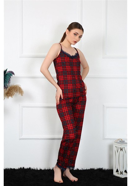 Hd Giyim Moda Çizgi Kadın Ip Askılı Kırmızı Ekoseli Pijama Takım 4135