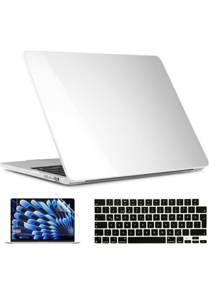 Novstrap Apple Macbook Air 15 Inç A2941 ile Uyumlu Kristal Parlak Kılıf + Siyah Klavye Kılıfı +Film