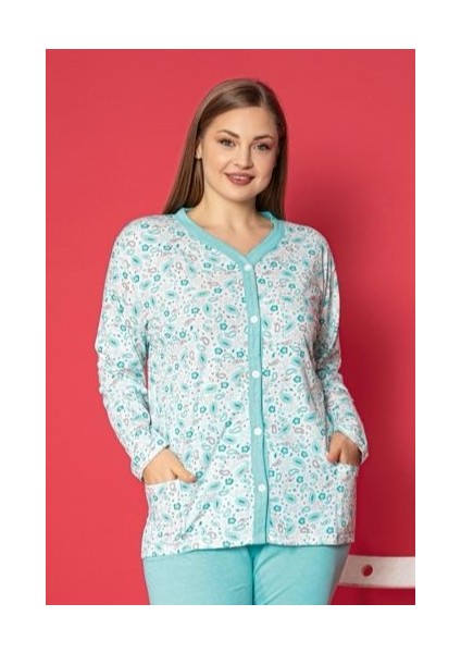 Farya Home X-Dreamy Büyük Beden Pamuklu Cepli Çiçekli Önden Düğmeli Pijama Takımı