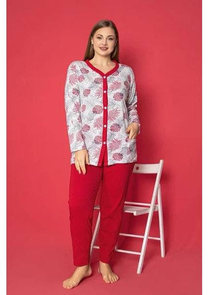 Farya Home X-Dreamy Büyük Beden Pamuklu Cepli Çiçekli Önden Düğmeli Pijama Takımı