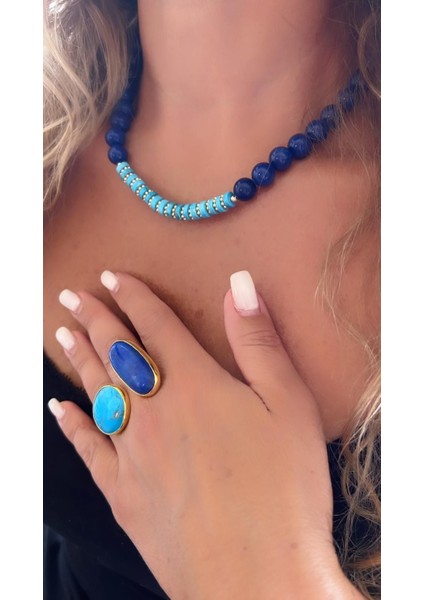 925 Ayar Gümüş Turkuaz Doğaltaş Lapis Lazuli Yüzük Kolye Küpe Takı Set