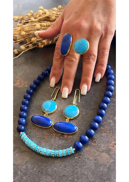 925 Ayar Gümüş Turkuaz Doğaltaş Lapis Lazuli Yüzük Kolye Küpe Takı Set fiyatları