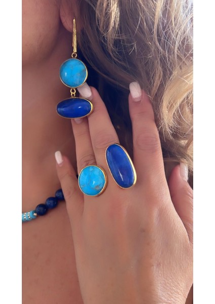 925 Ayar Gümüş Turkuaz Doğaltaş Lapis Lazuli Yüzük Kolye Küpe Takı Set modelleri