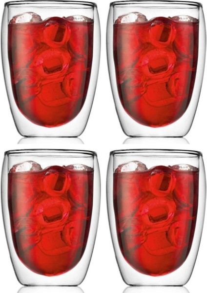 Yeni Tasarım Çift Cidarlı Borosilikat 350 ml Şeffaf Cam Bardak 4 Adet-2772