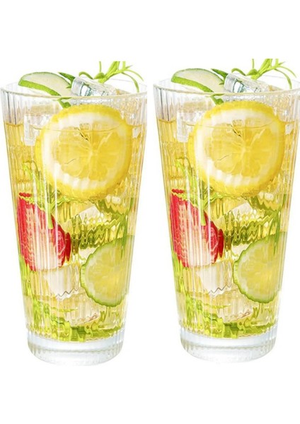Yeni Tasarım Çizgili Uzun Cam Bardak 220 ml ,Meşrubat,Latte,Nescafe, Su Bardağı 2 Adet-2441