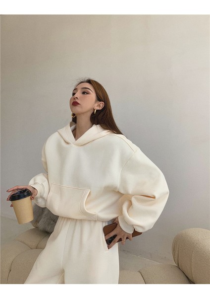 Bej 3iplik Kadın Oversize Eşofman Takımı