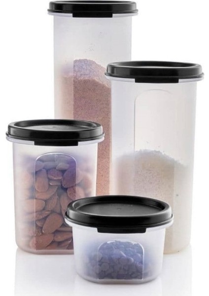 Oval Yuvarlak Kuru Gıda Saklama Kabı 4'lü 200-440-650-890ML Siyah