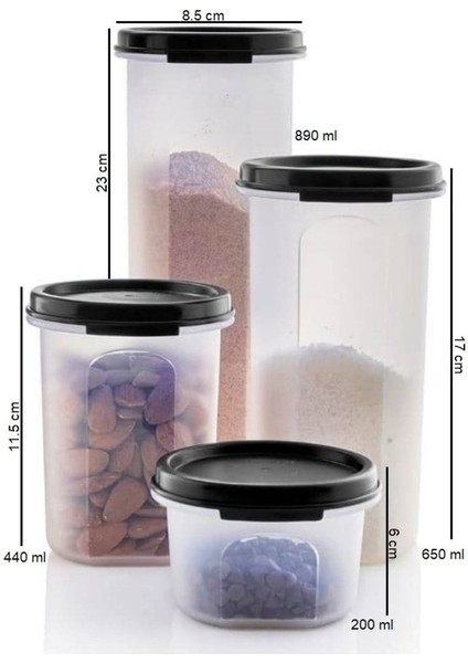 Oval Yuvarlak Kuru Gıda Saklama Kabı 4'lü 200-440-650-890ML Siyah fiyatları