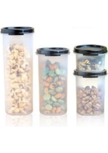 Oval Yuvarlak Kuru Gıda Saklama Kabı 4'lü 200-440-650-890ML Siyah modelleri
