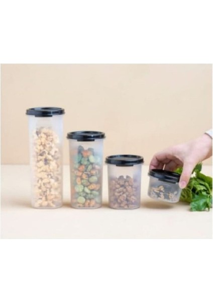 Oval Yuvarlak Kuru Gıda Saklama Kabı 4'lü 200-440-650-890ML Siyah fırsatları