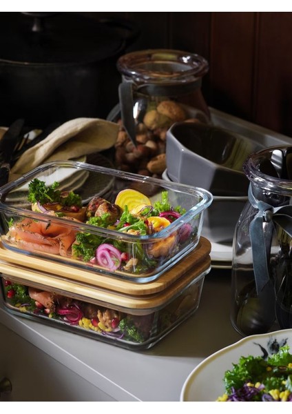 365+ 1 Lt Kapaklı Bambu Saklama Kabı Cam - Bambu Materyal ile Vakumlu Dikdörtgen Tasarım fiyatları