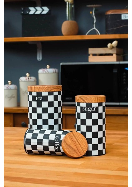 3'lü Set Metal Çay Kahve Şeker Saklama Kavanozu - Dama Desenli