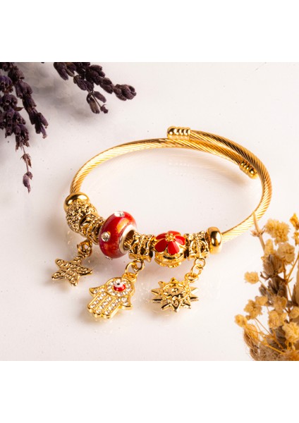 Bereket El Charmlı Zirkon Taşlı Gold Çelik Kararmaz Bileklik