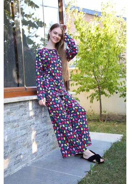 Hd Giyim Moda Çizgi Kadın Penye Bol Paça Pijama Takım 4123