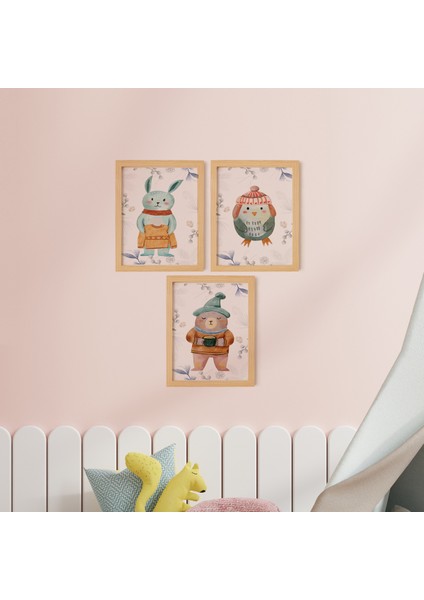 Çocuk & Bebek Odası Kış Temalı Hayvanlar Doğal Ahşap Çerçeveli 3'lü Tablo Seti