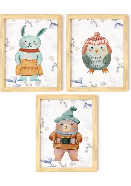 Çocuk & Bebek Odası Kış Temalı Hayvanlar Doğal Ahşap Çerçeveli 3'lü Tablo Seti fiyatları