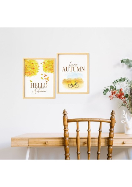 Sonbahar Aşkı Doğal Ahşap Çerçeveli 2'li Tablo Seti