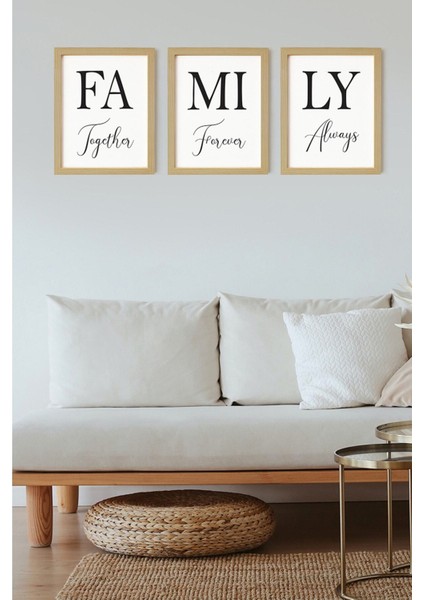 Family Doğal Ahşap Çerçeveli 3'lü Tablo Seti