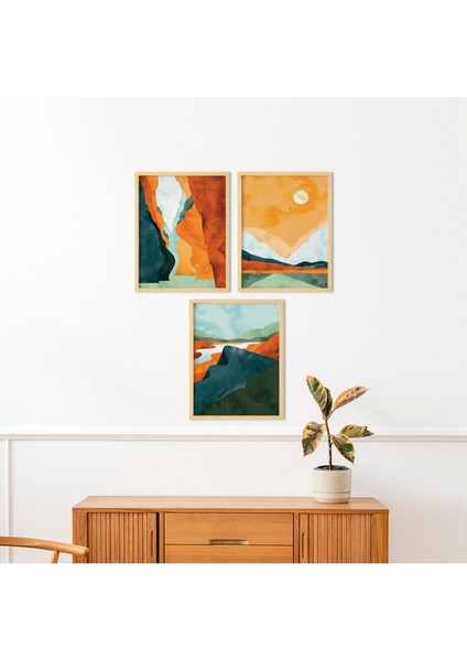 Mountain Landscape-Dağ Manzarası Doğal Ahşap Çerçeveli 3'lü Tablo Seti