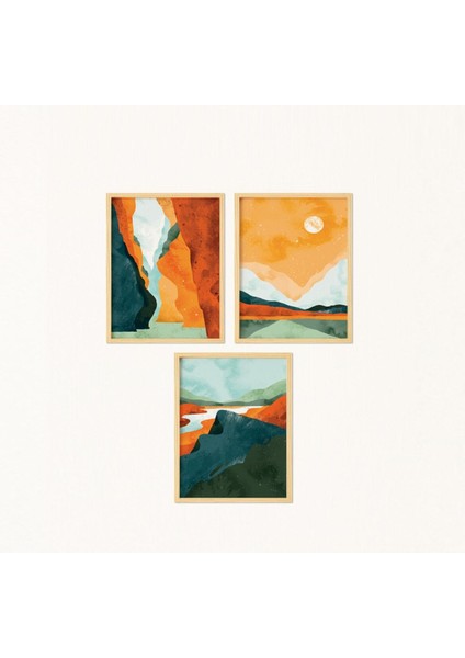 Mountain Landscape-Dağ Manzarası Doğal Ahşap Çerçeveli 3'lü Tablo Seti fiyatları
