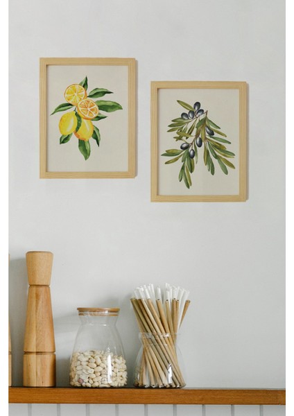 Mutfak Kitchen Zeytin Limon Olive Lemon Ahşap Çerçeveli Poster 2'li Duvar Tablo Seti