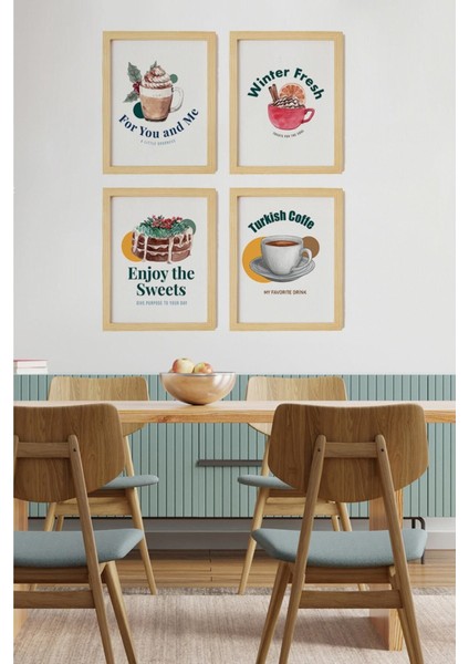 Mutfak Tatlı Keyif Doğal Ahşap Çerçeveli 4'lü Tablo Seti