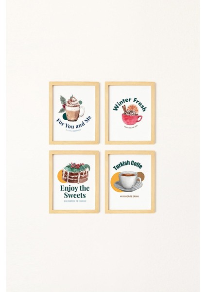 Mutfak Tatlı Keyif Doğal Ahşap Çerçeveli 4'lü Tablo Seti fiyatları