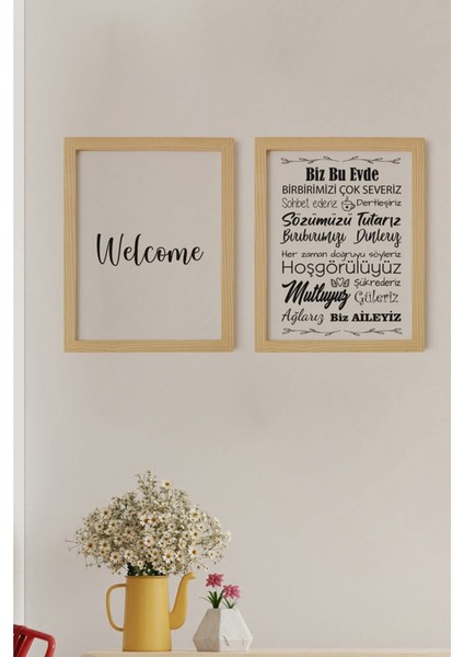 Welcome Doğal Ahşap Çerçeveli 2'li Tablo Seti