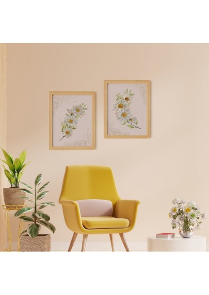 Gold Daisy Altın Papatya Doğal Ahşap Çerçeveli 2'li Tablo Seti
