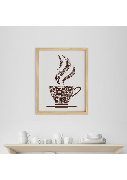 Mutfak Coffee Cup-Kahve Fincanı Ahşap Çerçeveli Poster Tekli Dekor Duvar Tablo Seti