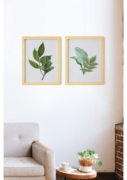 Bohem & Iskandinav Botanical Leaf Doğal Ahşap Çerçeveli 2'li Tablo Seti