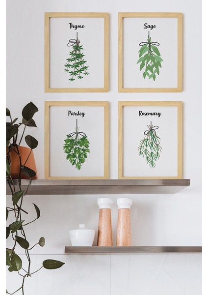 Mutfak Aromatik Otlar Doğal Ahşap Çerçeveli 4'lü Tablo Seti