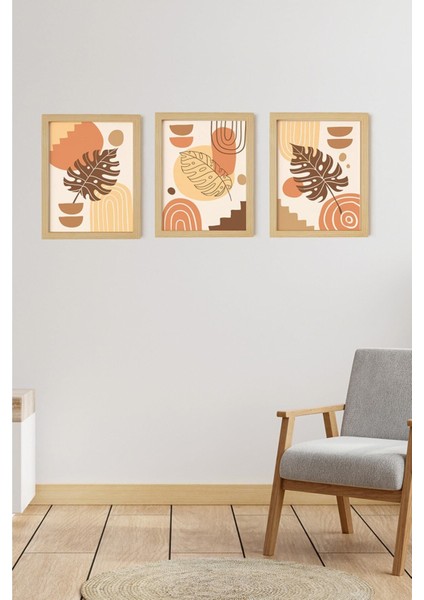 Bohem & Iskandinav Doğal Ahşap Çerçeveli 3'lü Tablo Seti