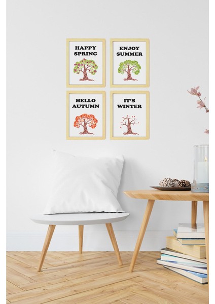 Dört Mevsim Doğal Ahşap Çerçeveli 4'lü Tablo Seti
