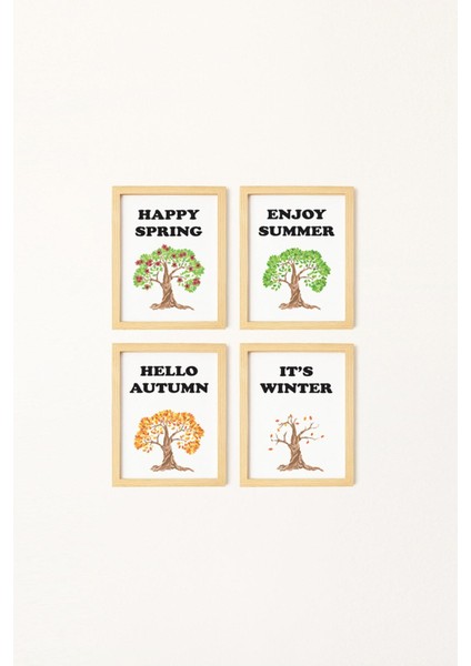 Dört Mevsim Doğal Ahşap Çerçeveli 4'lü Tablo Seti fiyatları