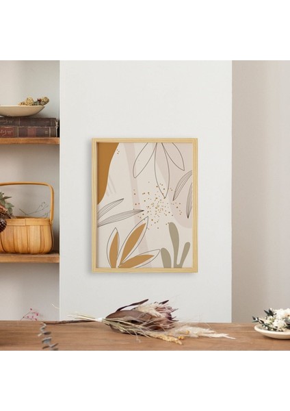 Bohem-Floral Lines3-Varoluş Doğal Ahşap Çerçeveli Tekli Tablo Seti